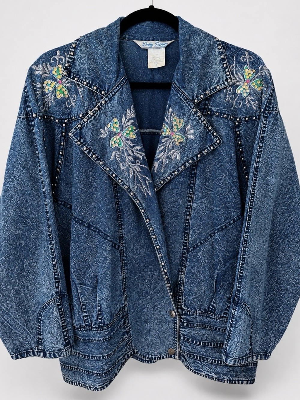 Vintage Dolly Denim London Acid Wash Denim Jacket Sequins Embroidered Floral M